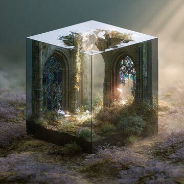 A dreamlike, isometric cube diorama texture-inhabited ruin set in a tundra-like landscape, featuring derelict cathedral arches with stained glass peering through broken windows, encased within a refl