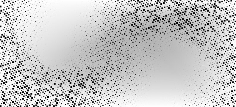Grunge halftone comic background featuring pixelated square gradient, monochrome abstract composition, seamless modern vector illustration.