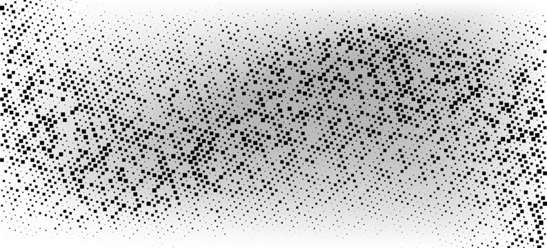 Grunge halftone comic background with scattered square pixels, soft gradient transition, abstract black and white geometric backdrop.