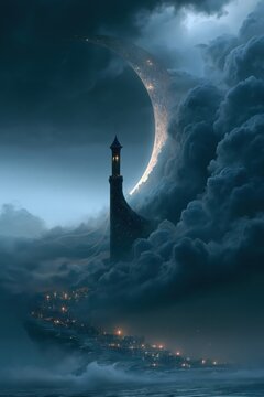 A dreamlike nocturnal landscape unfolds with a towering, slender spire emerging from a sea of swirling clouds. Above, a colossal crescent-shaped halo glows with delicate, ember-lit filaments, slicing