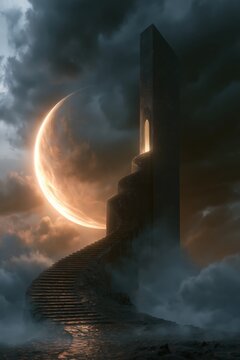 A surreal dreamscape where a colossal stone tower rises through stormy skies, its spiraling staircase curling upward into mystic fog toward a luminous crescent moon that glows with ember-soft light.