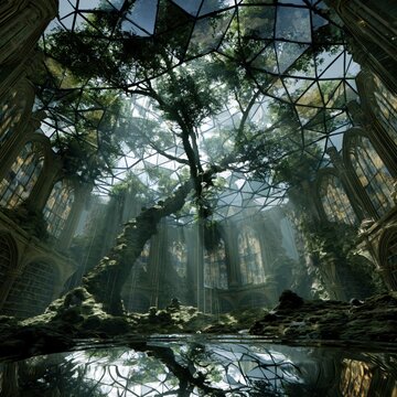 A dreamlike, cinematic cathedral ruins reclaimed by nature, where a colossal tree grows through the glass and steel geodesic ceiling. Sunbeams pierce the foliage, casting ethereal light across mossy
