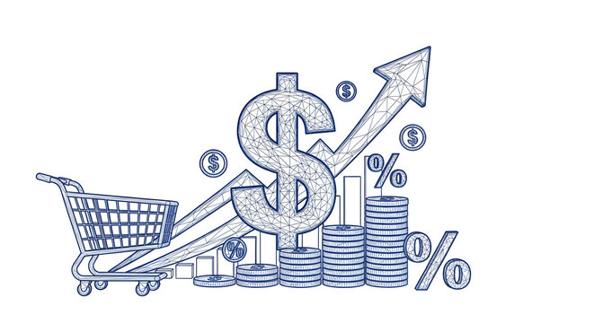 Financial growth and inflation concept with shopping cart, rising arrow and dollar sign sketch on white background