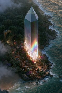 A dreamlike coastal ruin city hidden among lush forests and fog, dominated by a towering crystalline prism that refracts light into vibrant rainbows, casting prism-like auroras over gleaming crystal