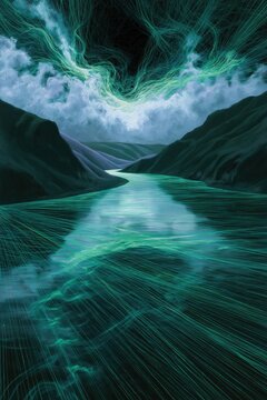 A surreal dreamscape of winding rivers and lavender-tinged hills reflected in glassy teal waters, where emerald threads weave through a dramatic, stormy sky. The composition fuses painterly oil-like