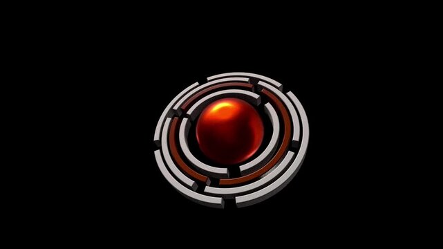 3D Abstract Red Sphere with Rotating Metallic Tech Rings Loop
