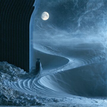 A dreamlike surreal landscape blending elements of fantasy with a contemporary medium contrast, featuring dark chocolate slate blue ridged shapes and moonlit sands. The scene evokes reliquiae lunae,