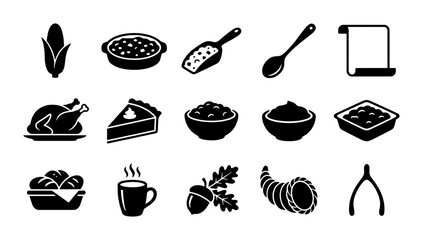 Thanksgiving food icons set, 15 black vector silhouettes of autumn dinner elements, traditional holiday meal symbols for seasonal menus © Asset Aura