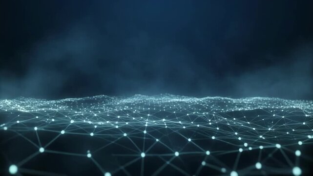 Abstract digital wave composed of interconnected glowing nodes on dark background