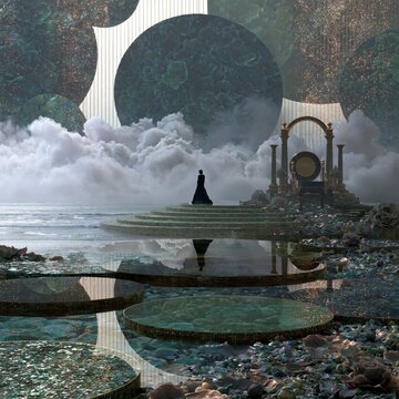 A dreamlike, surreal landscape featuring a solitary figure in a dark gown standing on tiered, circular platforms that descend toward a reflective water surface. In the distance, an ornate gilded arch