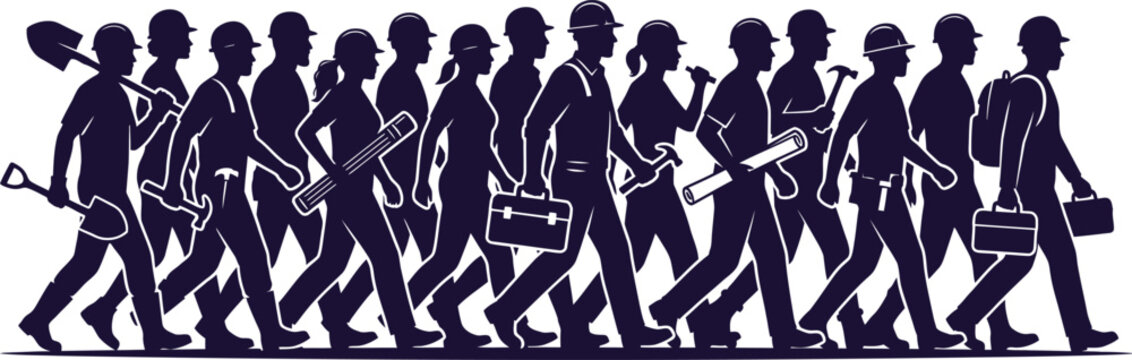 Labor day parade illustration workers marching with tools celebrating american labor and workforce