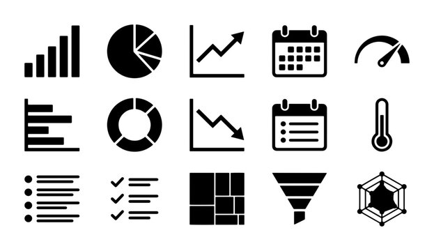 Minimalist business data visualization icons, set of 15 black infographic elements, professional analytics charts and dashboard symbols for reports