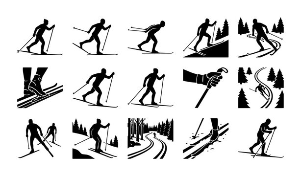 Cross country skiing silhouette icons, 15 black and white nordic ski vector elements, winter sports athlete silhouettes for mountain resort branding