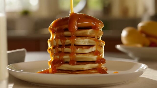 Tall stack of golden pancakes under glossy caramel syrup stream cascading over sides, creating thick drips, shiny pooled base, warm breakfast scene on white plate