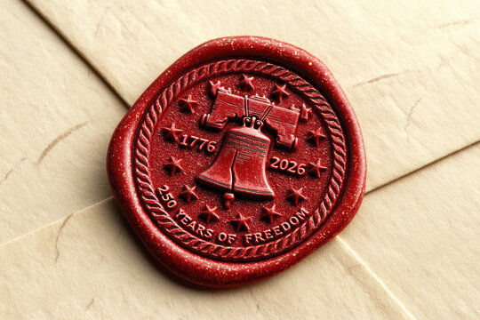 Red wax seal on an envelope featuring the liberty bell and text for the american 250th celebration of independence
