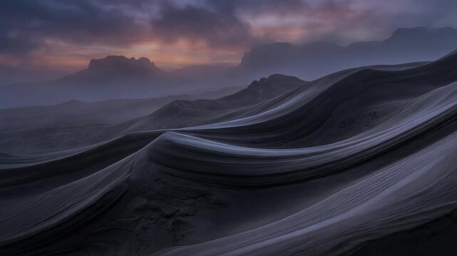 Wavy dark sand dunes with layered rock formations and misty mountain backdrop