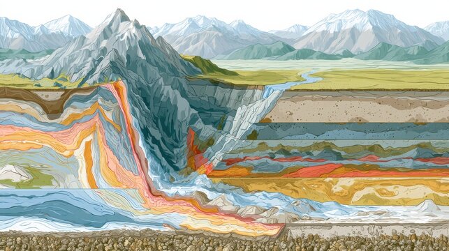 A tectonic plate collision in detail, showcasing subduction, mountain formation, and an earthquake zone in cross-section.