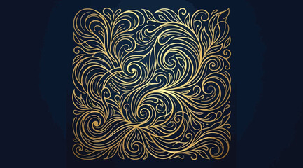 Golden filigree floral ornament with swirling patterns on a dark blue background © Saharia