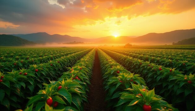 Vast chili pepper farm stretches toward horizon under warm sunrise sky. Rows of green plants bear ripe red chili fruits, waiting for harvest. Misty mountains frame agricultural landscape.