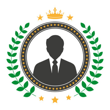 Illustration of a man avatar in a circle with a laurel wreath on a white background