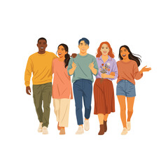 Fototapeta premium A diverse group of five friends walking together with smiles and a sense of togetherness.