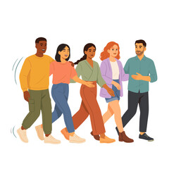 Obraz premium A diverse group of five people walking together in harmony.