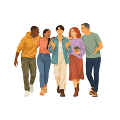 Obraz premium A diverse group of five friends walking together, arm in arm.
