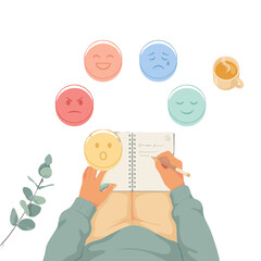 Obraz premium A person's hands writing in a journal surrounded by emotion emojis and a cup of coffee.