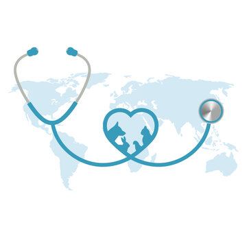 Illustration of a world map with a stethoscope and a heart icon with pets on a white background