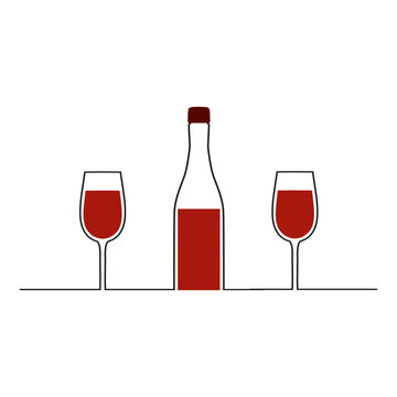 An illustration of a wine bottle and glasses, done in red and black tones on a white background