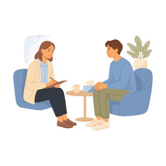 Fototapeta premium A therapist counseling a young man in a modern office setting.