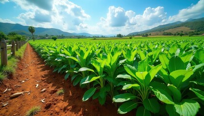 Fototapeta premium Vast green tobacco farm under blue sky with fluffy clouds. Red dirt path borders rows of leafy plants. Hills and trees form backdrop on sunny day. Rural landscape thrives.