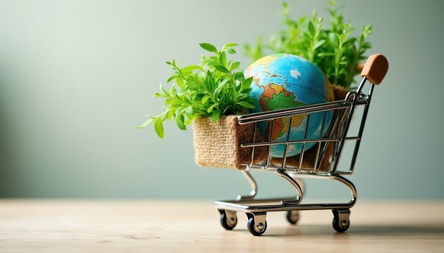 Small shopping cart holds globe and green plants. Represents eco friendly buying choices and global sustainability. Symbolizes conscious consumption and nature care.