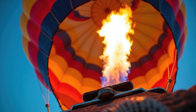 Hot air balloon burner blasts fire upward into colorful envelope. Pilot controls flames creating lift for flight. Ascending into clear blue sky.