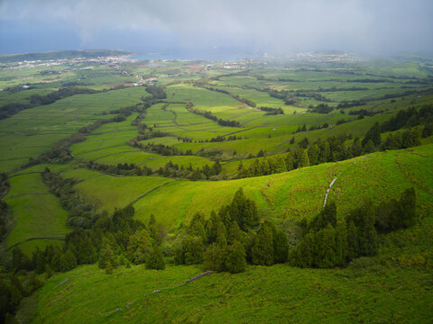 Aerial view of Terceira Island featuring lush green rolling hills, patchwork fields, stone walls, and scattered trees under a cloudy sky in the Azores, Portugal.