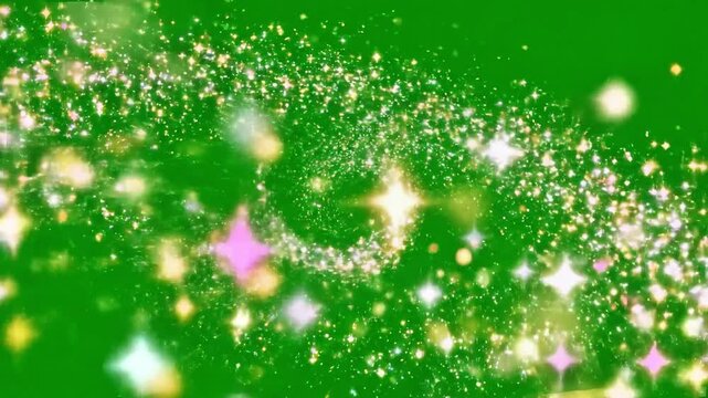 Abstract magical golden sparkles and stars trail overlay, glowing particles flying on green screen background for video editing and motion design