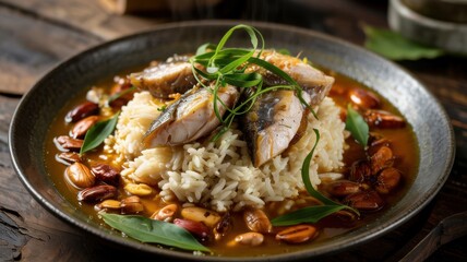 Fototapeta premium Dishes of Nigerian cuisine. A traditional West African dish is rice with sardines in the Nigerian style (Nigerian Rice and Sardine Stew).