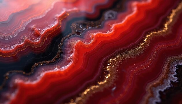 Macro view of red agate stone with layers and gold glitter veins. Abstract natural pattern forms organic waves and texture. Deep red and black colors with sparkling elements create luxurious feel.