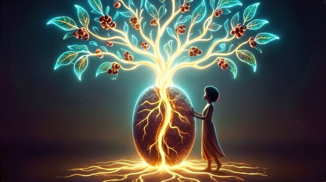 Glowing tree growing from a large coffee bean as a woman touches the surface. Abstract concept of coffee origins and natural energy in a fantasy setting.