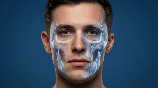Front View Portrait of an Adult Man with a Semi-Transparent Blue Skull Overlay Showing Facial Bone Structure and Anatomy
