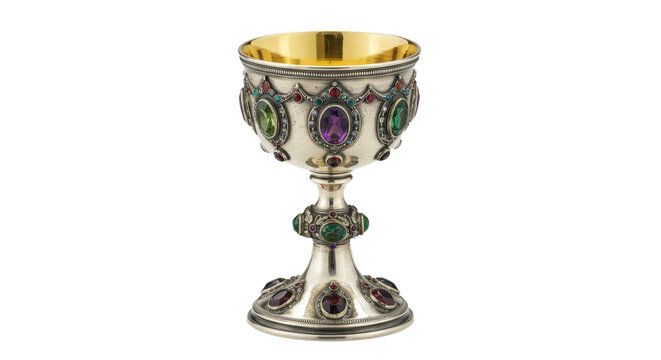 Ornate medieval silver chalice with colorful gemstones isolated, symbolizing history, royalty and craftsmanship