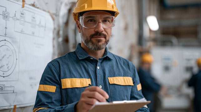Chemical engineer in hard hat and goggles reviews process flow on a large laminated diagram mounted beside a reactor vessel, taking handwritten notes on a clipboard as colleagues