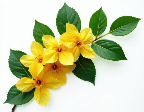 Vibrant yellow Tecoma stans blossoms rest on green branches against pure white backdrop. Close-up intricate flower details petals display rich color. Ideal for botanical studies floral design