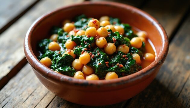 Rustic earthenware bowl holds cooked chickpeas and wilted spinach with red spice flecks. Savory meal is served on a textured wooden table surface. Close-up view shows warm, inviting dish.