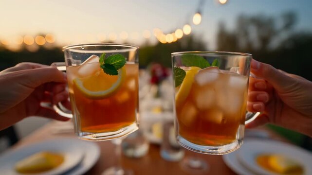 Two hands raising clear iced citrus drinks in short glasses with lemon wedges and mint over outdoor dining table, sunset bokeh lights, warm relaxed celebration mood