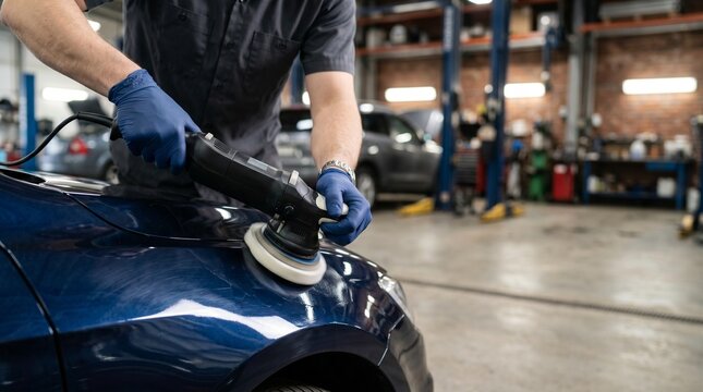 Professional detailer polishing dark blue car body with orbital buffer machine in workshop. Auto detailing service worker applying wax and buffing automobile paint coating close up.