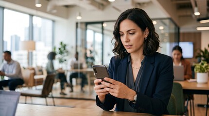 Obraz premium Confident young businesswoman texting message on smartphone in modern office corporate environment, female professional employee checking mobile app online online browsing