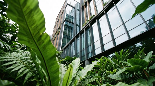 Modern eco friendly office building with glass facade surrounded by lush green tropical plants. Sustainable architecture and green business concept with copy space.