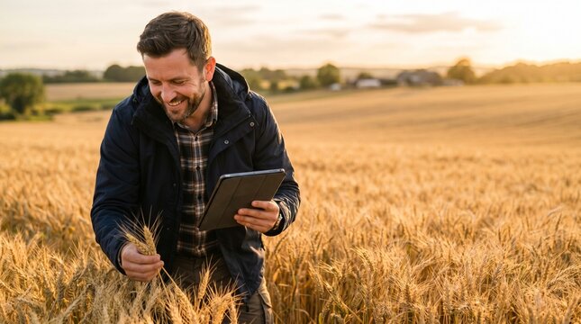 Smiling male agronomist holding digital tablet computer inspecting golden wheat crop field ears during sunset for precision smart farming grain yield evaluation