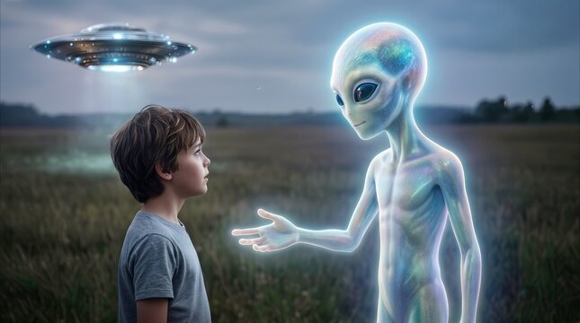 Boy meeting glowing extraterrestrial being in rural field. First contact concept with UFO hovering in background during twilight.